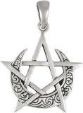 Sterling Silver Simple Moon Pentacle Pentagram Pendant; 1 Inch Tall