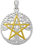 Sterling Silver 14k Gold Plated Cut Out Tree Pentacle Pentagram Pendant; 1 Inch Diameter