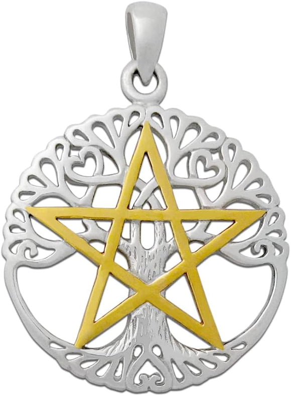 Sterling Silver 14k Gold Plated Cut Out Tree Pentacle Pentagram Pendant; 1 Inch Diameter