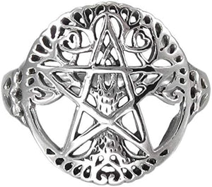 Sterling Silver Cut Out Pagan Tree Pentacle Ring (Size 5-12)