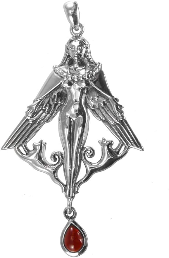 Sterling Silver Norse Goddess Freya Pendant with Natural Garnet