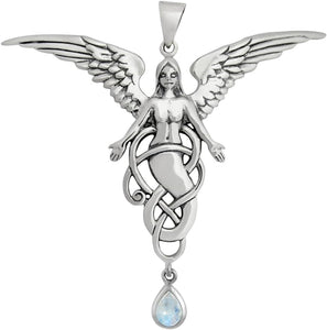 Sterling Silver Melusine Angel Pendant with Natural Rainbow Moonstone