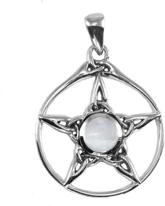 Sterling Silver Wiccan Triquetra Pentacle Pendant with Natural Rainbow Moonstone