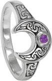 Sterling Silver Horned Moon Ring with Natural Amethyst (Sizes 5-12)