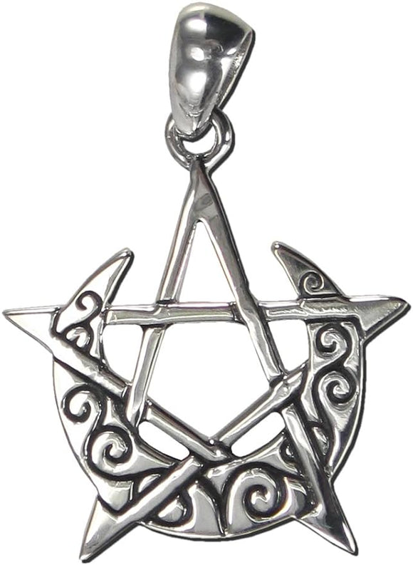 Sterling Silver Small Crescent Moon Pentacle Pentagram Pendant