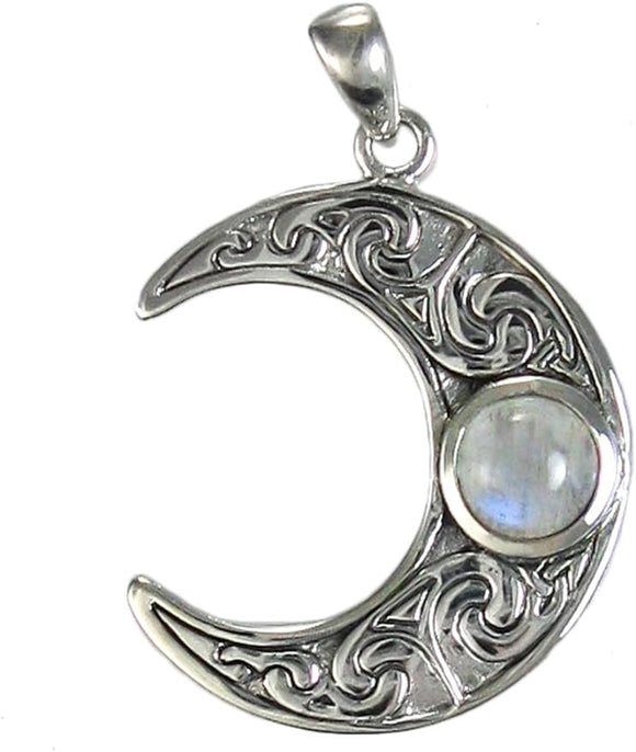 Sterling Silver Horned Crescent Moon Pendant with Natural Rainbow Moonstone