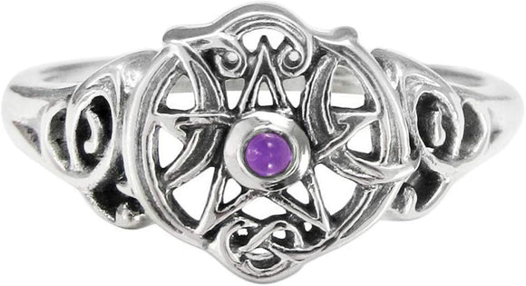 Sterling Silver Heart Pentacle Ring with Natural Amethyst (Size 4-15)