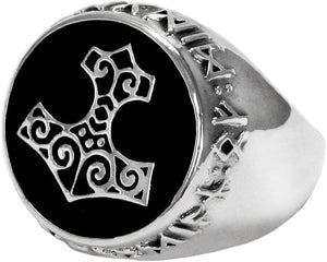 Large Sterling Silver Norse Runic Thors Hammer Ring (Size 5-15)