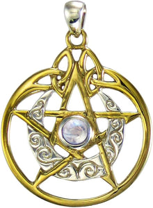 Sterling Silver 14k Gold Plated Crescent Moon Pendant Pentacle with Natural Rainbow Moonstone