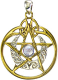 Sterling Silver 14k Gold Plated Crescent Moon Pendant Pentacle with Natural Rainbow Moonstone