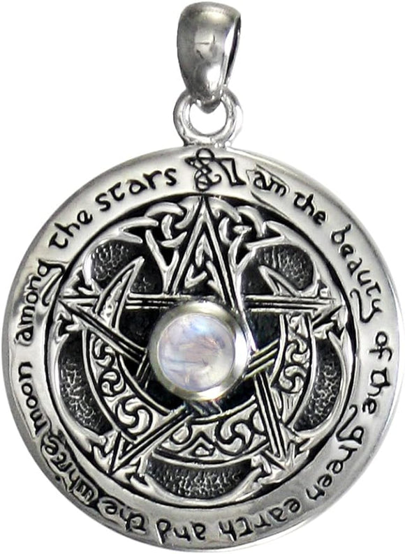 Sterling Silver Moon Goddess Pentacle Pendant with Natural Rainbow Moonstone