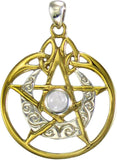 Sterling Silver 14 Carat Gold Plated Crescent Moon Pendant Pentacle with Natural White Moonstone