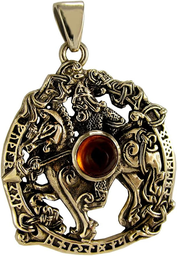 Bronze Norse God Odin Pendant with Synthetic Amber