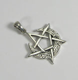 Sterling Silver Simple Moon Pentacle Pentagram Pendant; 1 Inch Tall