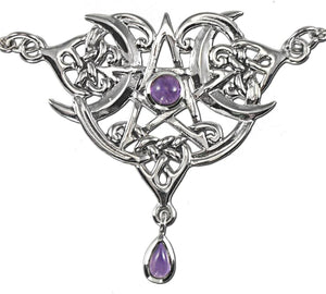 Sterling Silver Heart Pentacle Necklace with Natural Amethyst Jewelry