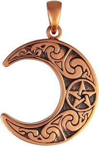 Copper Horned Moon Crescent Pentacle Pendant; 1 Inch Diameter