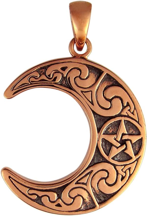 Copper Horned Moon Crescent Pentacle Pendant; 1 Inch Diameter