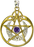 Sterling Silver 14k Gold Plated Crescent Moon Pendant Pentacle with Natural Amethyst