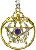 Sterling Silver 14k Gold Plated Crescent Moon Pendant Pentacle with Natural Amethyst
