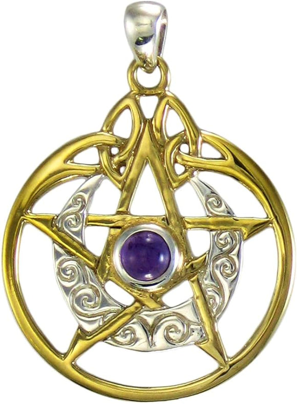 Sterling Silver 14k Gold Plated Crescent Moon Pendant Pentacle with Natural Amethyst