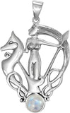 Sterling Silver Celtic Knot Morrigan Irish Goddess Pendant with Natural Rainbow Moonstone