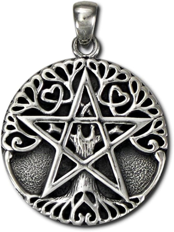 Sterling Silver Tree Pentacle Pentagram Pendant; 1 Inch Diameter