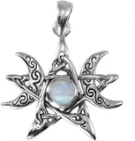 Sterling Silver Moon Phase Pentagram Pendant with Natural Rainbow Moonstone