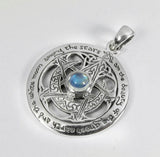 Sterling Silver Cut Out Moon Pentacle Pendant with Natural Rainbow Moonstone; 1 Inch Diameter