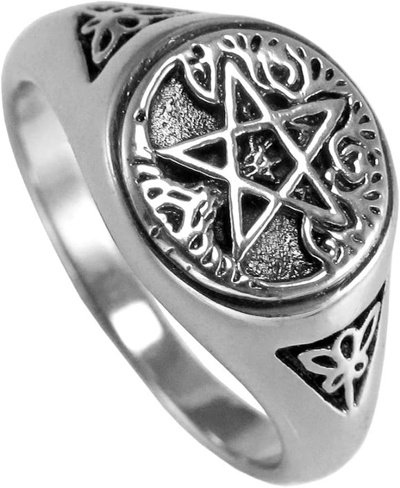 Sterling Silver Pagan Tree Pentacle Pentagram Ring (Size 5-12)