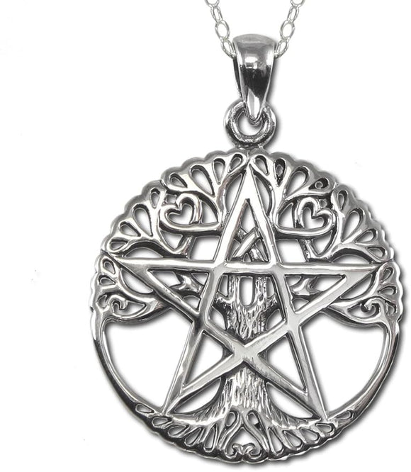 Sterling Silver Cut Out Tree Pentacle Necklace with Cable Chain (16-30 Inches)