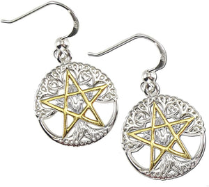 Sterling Silver 14k Gold Plated Cut Out Tree Pentacle Pentagram Earrings