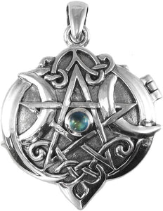 Sterling Silver Celtic Knot Heart Pentacle Locket with Natural Rainbow Moonstone