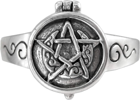 Sterling Silver Crescent Moon Pentacle Pentagram Poison Locket Ring (Size 5-12)