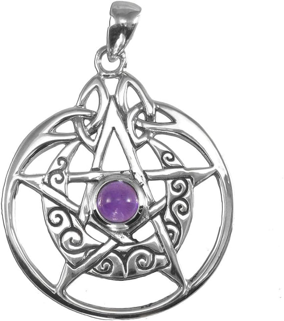 Sterling Silver Crescent Moon Pendant Pentacle with Natural Amethyst