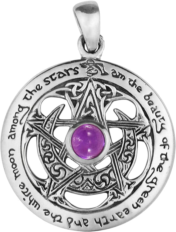 Sterling Silver Cut Out Moon Goddess Pentacle Pendant with Natural Amethyst