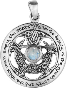 Sterling Silver Cut Out Moon Pentacle Pendant with Natural Rainbow Moonstone; 1 Inch Diameter