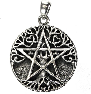 Sterling Silver Small Tree Pentacle Pentagram Pendant; 3/4 Inch Diameter