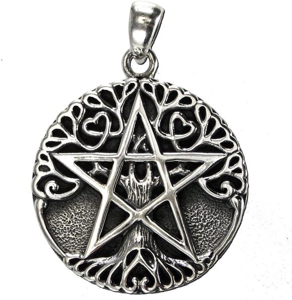 Sterling Silver Small Tree Pentacle Pentagram Pendant; 3/4 Inch Diameter