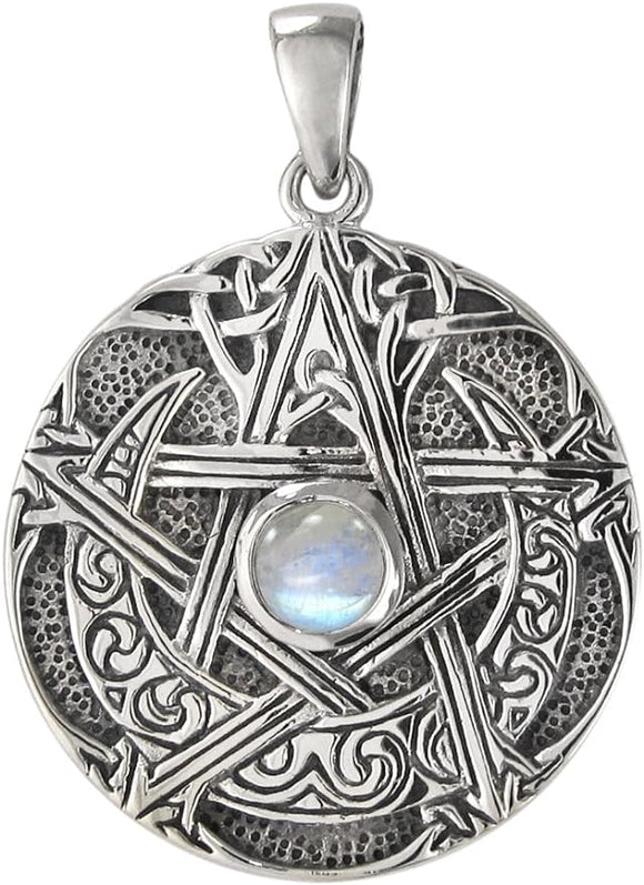 Sterling Silver Moon Goddess Pentacle Pendant with Natural Rainbow Moonstone