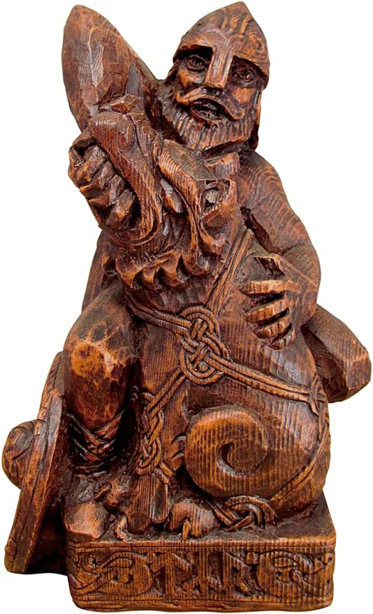 Seated Norse God Tyr Statue Wood Finish Brown