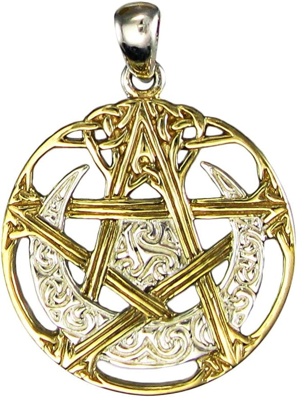 Sterling Silver 14k Gold Plated Cut Out Moon Pentacle Pentagram Pendant