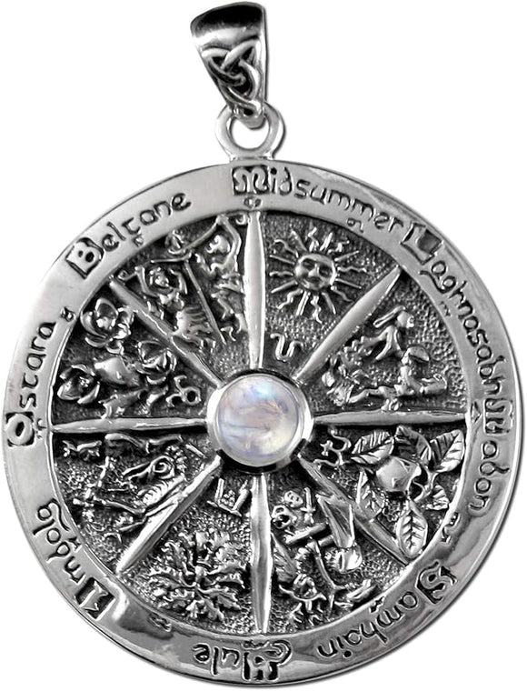 Sterling Silver Wheel of the Year Pendant with Natural Rainbow Moonstone; 1.75 Inch Diameter