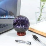 Natural Amethyst Geode Crystal Ball With Wooden Stand Reiki Healing Energy Cave Sphere For Home Decoration Chakra Balancing