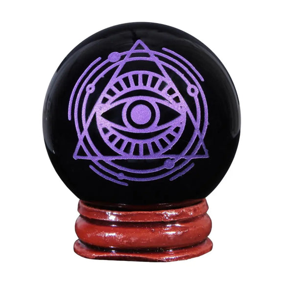 Natural Black Obsidian Engraved Eye Of Horus Crystal Ball With Wooden Stand Sphere Sculpture Figurine For Home Decor