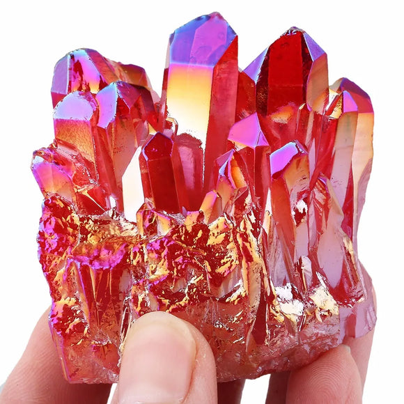 Red Angel Aura Titanium Coated Natural Crystal Cluster Stone Specimen Figurine