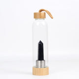 Natural gem stone glass bottle wood made cap energy spirit quartz point water drinking bottle