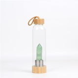 Natural gem stone glass bottle wood made cap energy spirit quartz point water drinking bottle