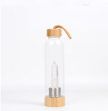 Natural gem stone glass bottle wood made cap energy spirit quartz point water drinking bottle