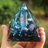 Orgone Pyramid~70mm Orgonite Pyramid Blue Quartz In Copper Energy Circle,Fluorite,Obsidian Crystal Healing Orgone Reiki Meditation