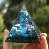 Orgone Pyramid~70mm Orgonite Pyramid Blue Quartz In Copper Energy Circle,Fluorite,Obsidian Crystal Healing Orgone Reiki Meditation